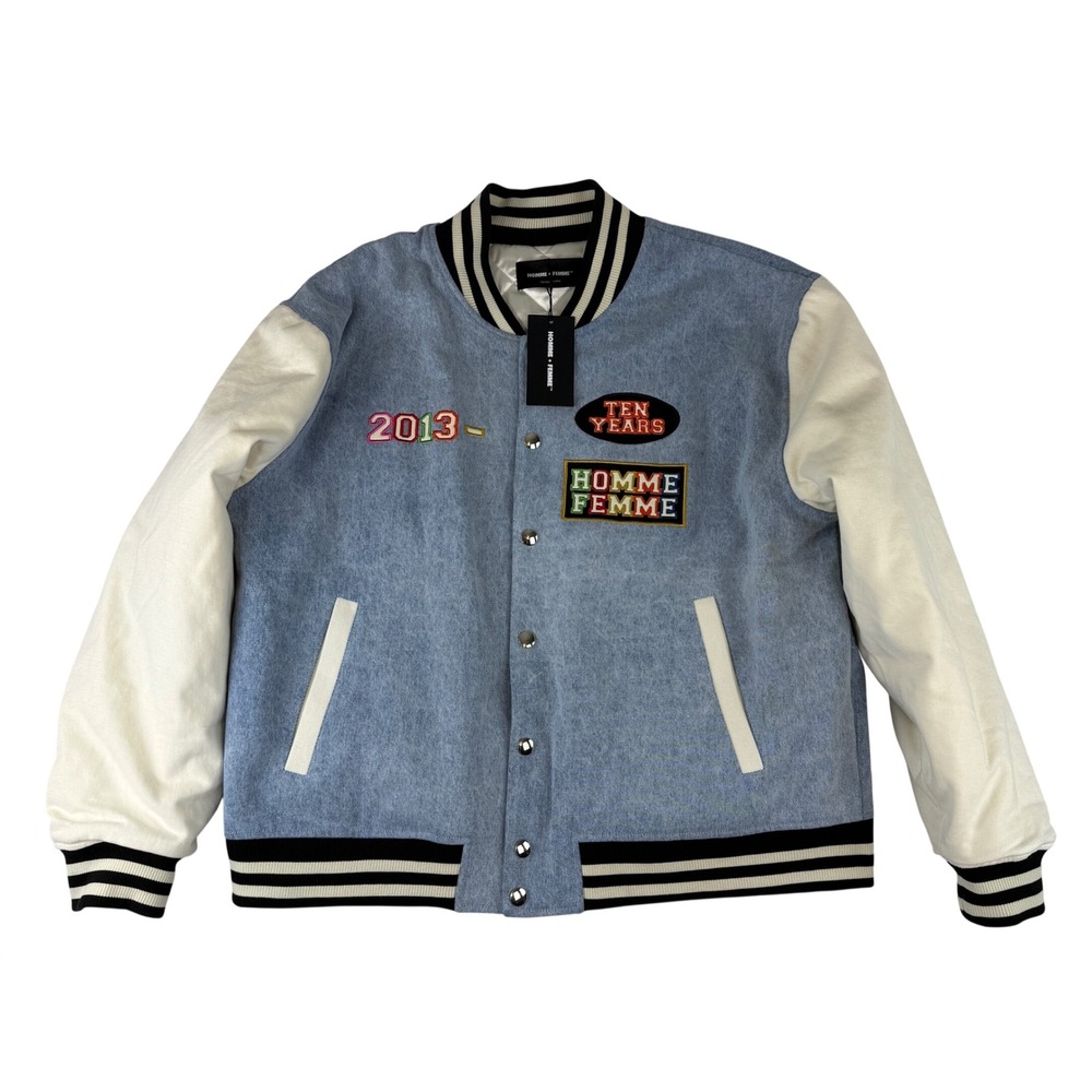 NWT Homme + Femme Varsity Jacket Mens XXL Blue Denim Ten Years Anniversary Patch